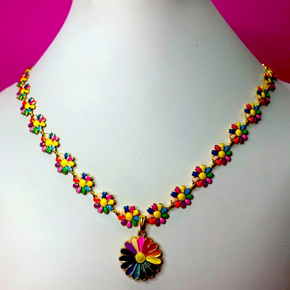NWT Rainbow Daisy Flower Pride Chain Necklace Handmade 18”